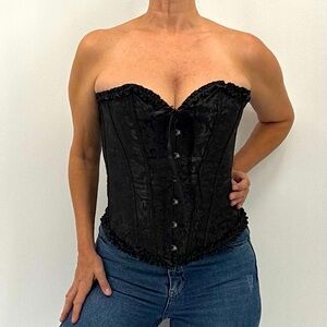 Vintage Y2K Coquette Satin Lace Ruffle Metal Boned Bustier Corset Lingerie Top